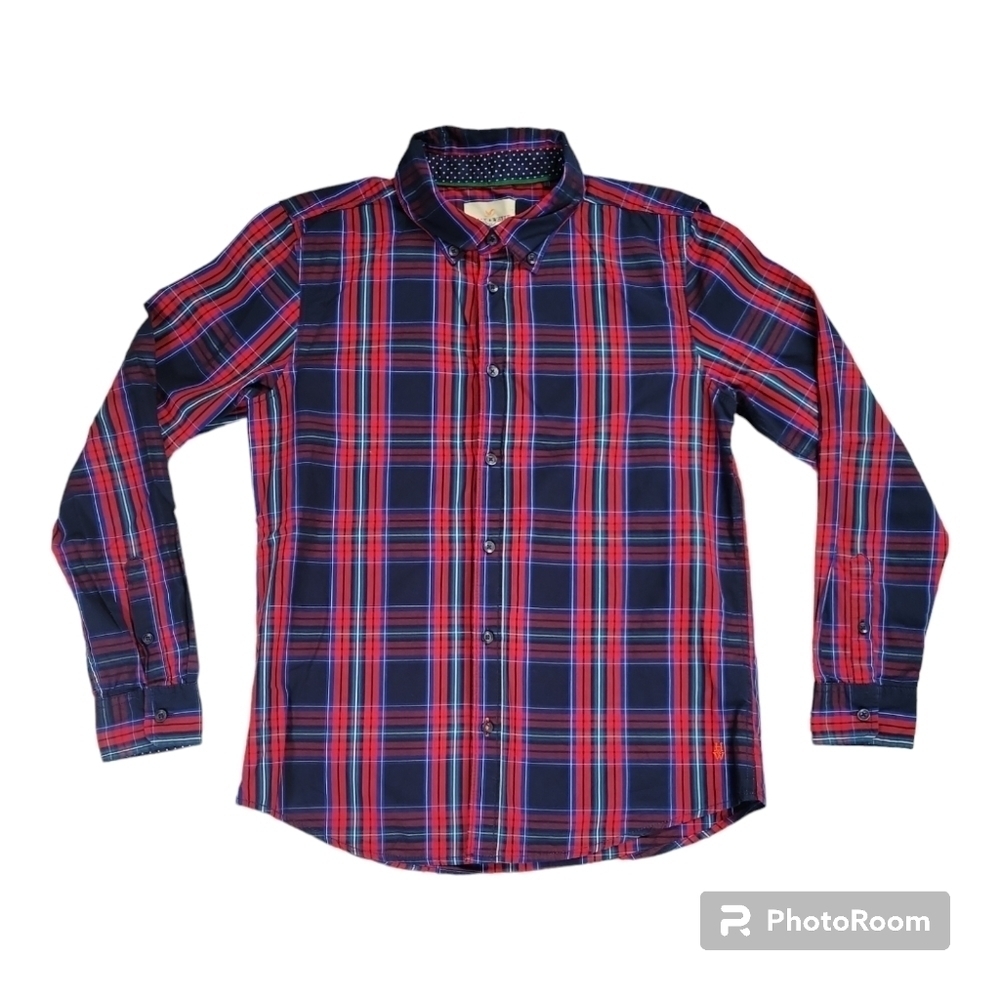 Holly Whyte Lindex Boys LG Tartan Plaid Navy Red Holiday Christmas Shirt EUC